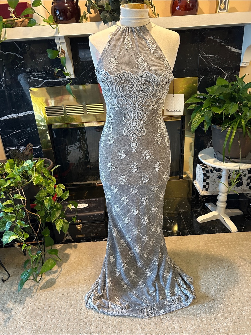 Silver Halter Lace Maxi Evening Gown